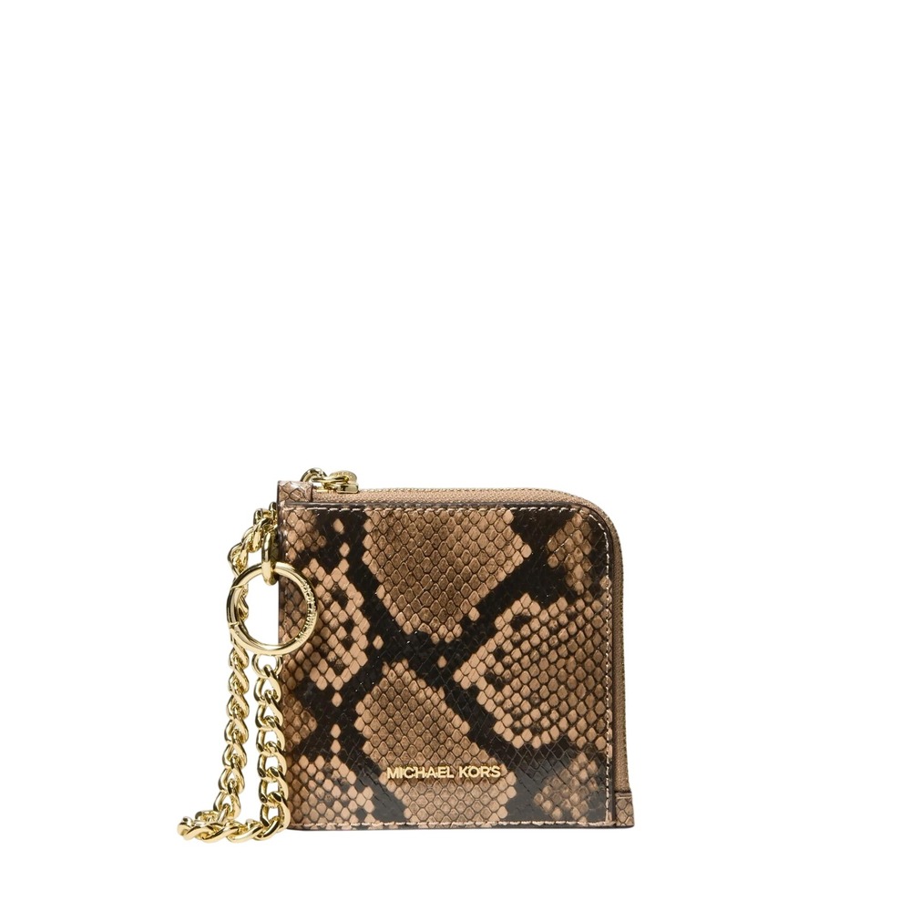76.‎ Jet Set Travel Medium Snake Embossed Chain Wallet in Snake Camel